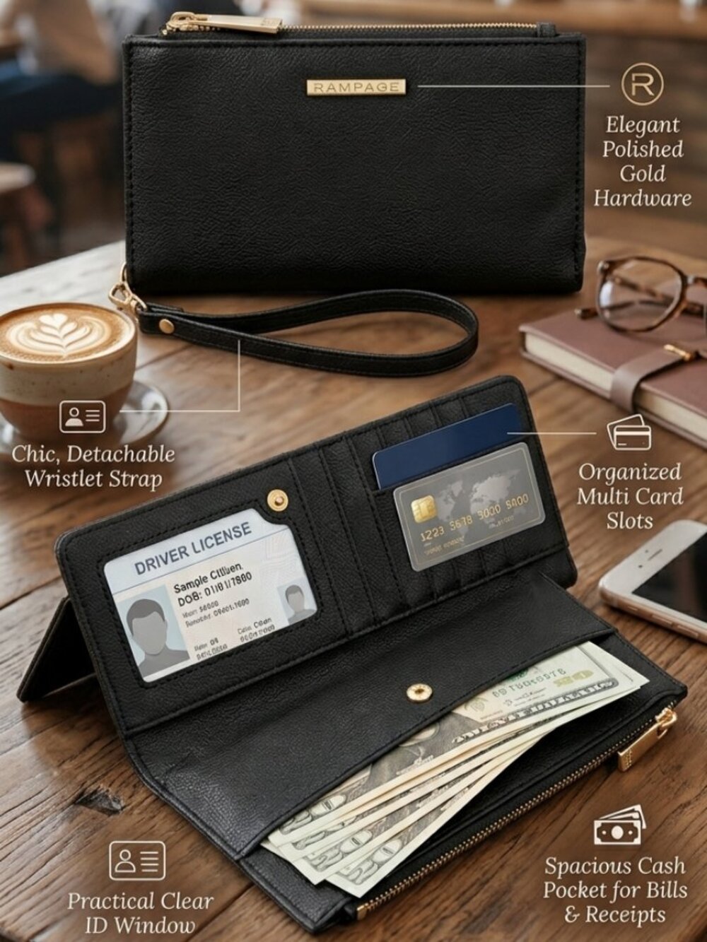 RAMPAGE Black Faux Leather Wallet Wristlet – Zip Around Clutch Phone Pouch